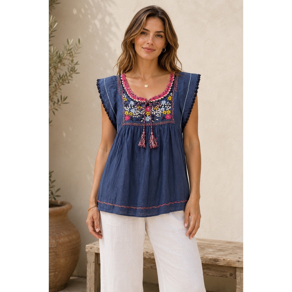 Banjara Women's Small Embroidered Boho Cotton Peasant Top Blue Pink Floral
